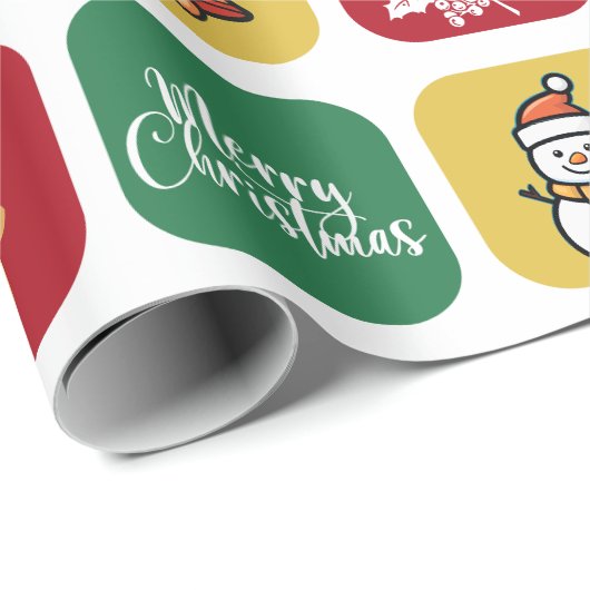 Papier Cadeau Ornements modernes de Noël Père Noël Tree Snowman (Coin rond)