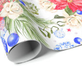 Papier Cadeau Ornements roses et bleus de poinsettia de Noël (Coin rond)