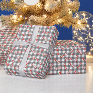 Papier Cadeau Os de chien en bonbon de Noël sur gingham