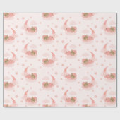 Papier Cadeau Ours Bébé Couché Rose Sur Lune Nuages & Étoiles (Plat)