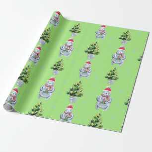 Papier Cadeau Ours blanc tenant un cadeau et un arbre vert