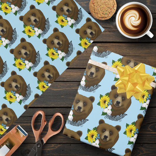Papier Cadeau Ours Brun Fleurs Bleues Plume Faune