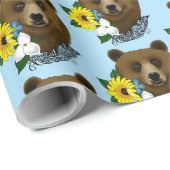 Papier Cadeau Ours Brun Fleurs Bleues Plume Faune (Coin rond)