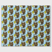 Papier Cadeau Ours Brun Fleurs Bleues Plume Faune (Plat)