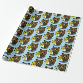 Papier Cadeau Ours Brun Fleurs Bleues Plume Faune (Déroulé)