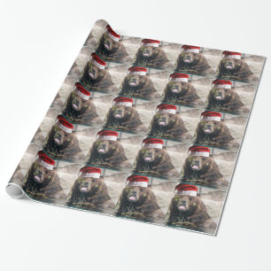 Papier Cadeau Ours de Noël avec le casquette de Père Noël
