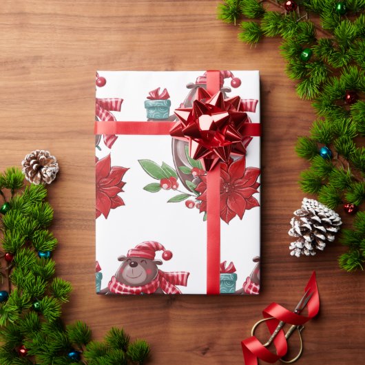Papier Cadeau Ours de Noël et Poinsettia (Cadeau de vacances)
