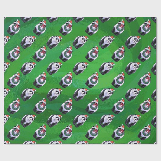 Papier Cadeau Ours de panda à Santa Hat sur Vert (Plat)