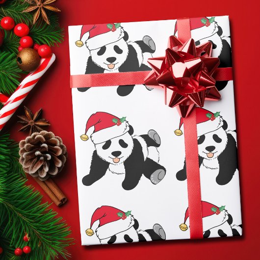 Papier Cadeau Ours de panda de Noël à Santa Hat