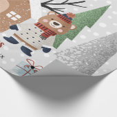 Papier Cadeau Ours d'hiver, arbres et maison Noël (Coin)
