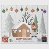 Papier Cadeau Ours d'hiver, arbres et maison Noël (Plat)