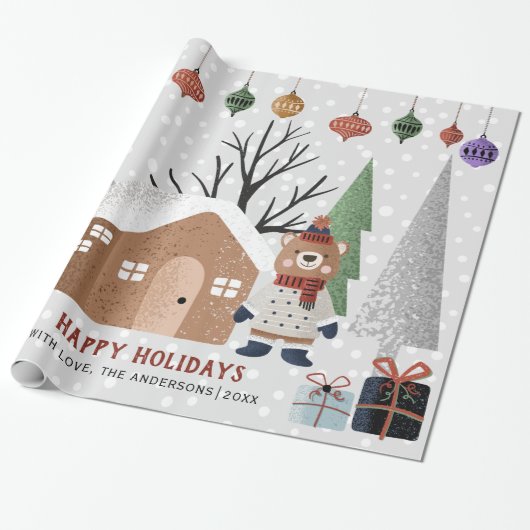Papier Cadeau Ours d'hiver, arbres et maison Noël (Déroulé)