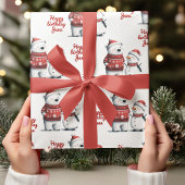 Papier Cadeau Ours d'hiver rouge et neige | Hiver