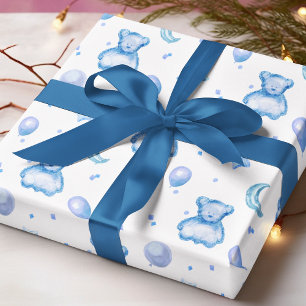 Papier Cadeau Ours en aquarelle bleue ballon bébé garçon