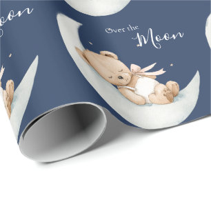 Papier Cadeau Ours en Lune Bleue Baby Shower