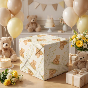 Papier Cadeau Ours en Nid d'Abeille Fleurs Naissance Fête