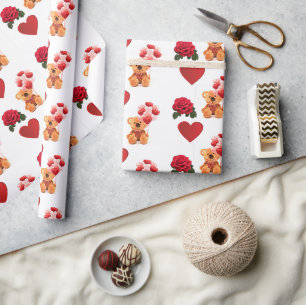 Papier Cadeau Ours en peluche à coeurs rouges pour la Saint-Vale