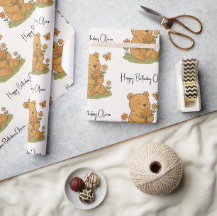 Papier Cadeau Ours en peluche avec fleurs personnalisé - Anniver