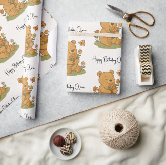 Papier Cadeau Ours en peluche avec fleurs personnalisé - Anniver