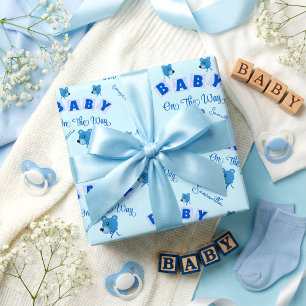 Papier Cadeau Ours en peluche avec texte bleu Baby Shower