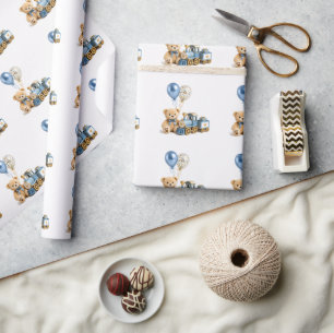 Papier Cadeau Ours en peluche Blue Gold Train Garçon Baby Shower