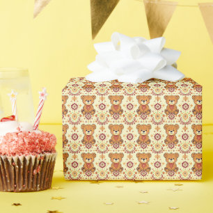 Papier Cadeau Ours en peluche Boho chaud et floral automnal sans