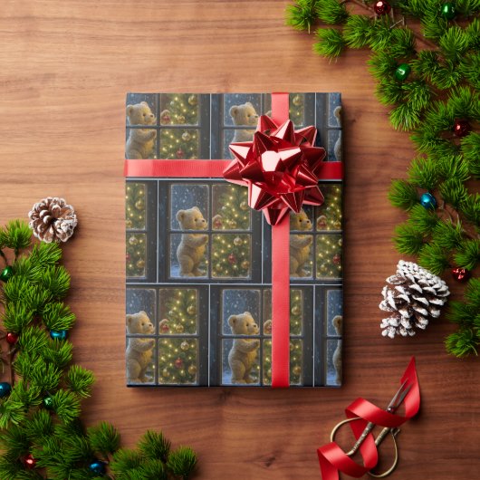 Papier Cadeau Ours en peluche de Noël décorant un arbre (Cadeau de vacances)