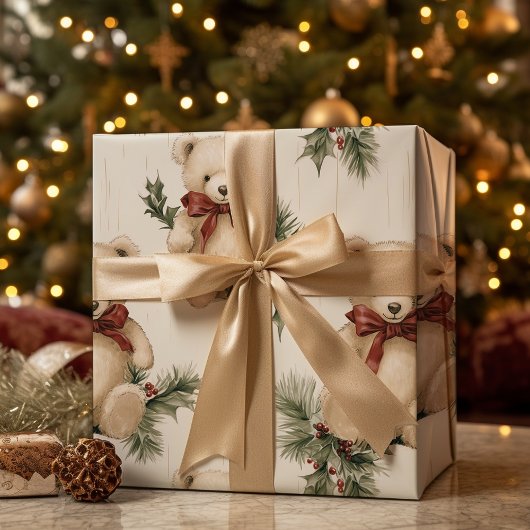 Papier Cadeau Ours en peluche de Noël Vintage