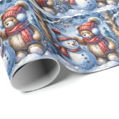 Papier Cadeau Ours en peluche d'hiver avec Snowman (Coin rond)