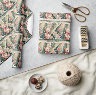 Papier Cadeau Ours en peluche floral lettre K