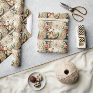 Papier Cadeau Ours en peluche floral lettre L