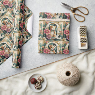 Papier Cadeau Ours en peluche floral lettre Q