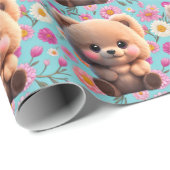 Papier Cadeau Ours en peluche mignon Pois marguerites Boho (Coin rond)