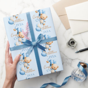 Papier Cadeau Ours en peluche personnalisé pour Baby Shower garç