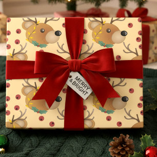 Papier Cadeau Ours en peluche Renne Avec Lumières Beige Noël