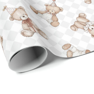 Papier Cadeau Ours en peluche rétro nostalgie Froissé à carreaux