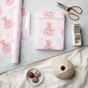 Papier Cadeau Ours en peluche rose sur une fille baleine Baby Sh