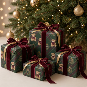 Papier Cadeau Ours en peluche tartan préppy avec noeud bordeaux