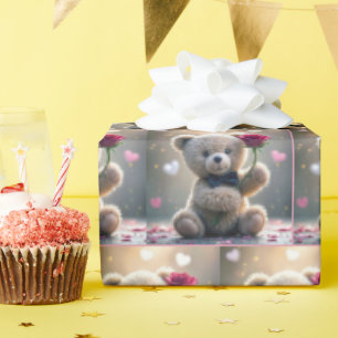 Papier Cadeau Ours En Teddy Avec Rose Rouge