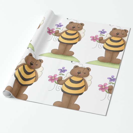 Papier Cadeau Ours habillé en Bumblebee avec Fleurs (Déroulé)