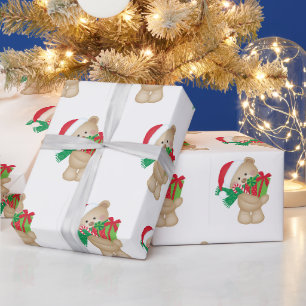 Papier Cadeau Ours mignon en rouge Père Noël Enfants