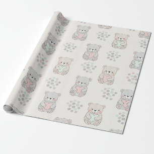 Papier Cadeau Ours mignon et cœurs -- Nurserie pastel (8)
