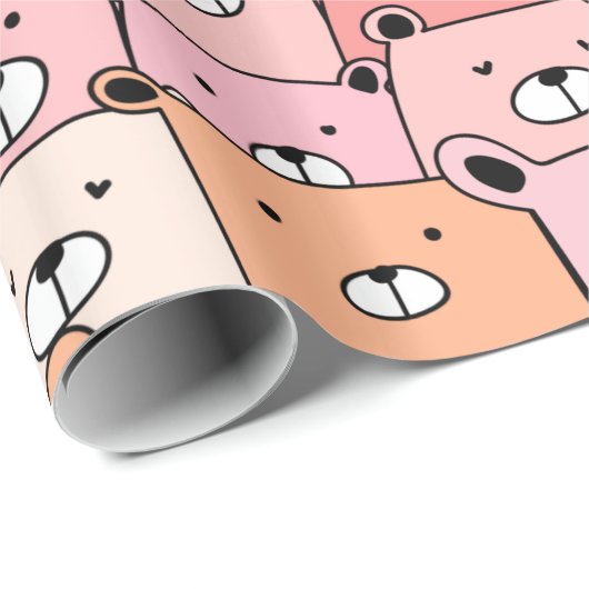 Papier Cadeau Ours mignons rose et orange (Coin rond)