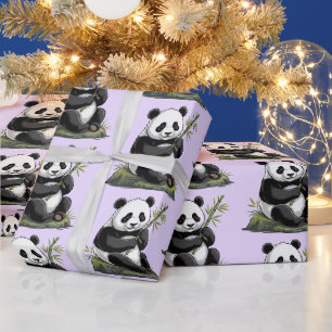 Papier Cadeau Ours Panda Mignon Branchu Avec Bambou Violet
