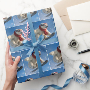 Papier Cadeau Ours polaire en plein vol sur un snowboard