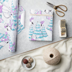 Papier Cadeau Ours polaire mignon et amis manchots à l'aquarelle