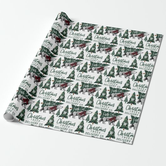 Papier Cadeau Ours Polaire Plaid Noël Arbres Livraison Monogramm (Déroulé)