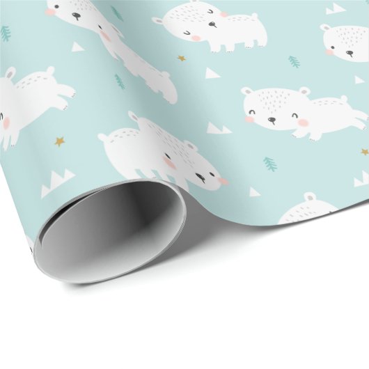 Papier Cadeau Ours polaires mignons sur bleu clair (Coin rond)