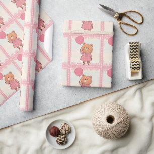 Papier Cadeau Ours rosé avec ballotte rose
