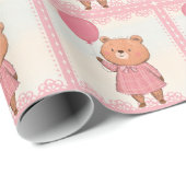 Papier Cadeau Ours rosé avec ballotte rose (Coin rond)